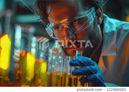 student conducting a science experiment with test tubes and lab equipment 122866083