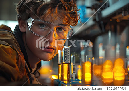 student conducting a science experiment with test tubes and lab equipment 122866084