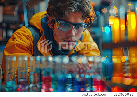 student conducting a science experiment with test tubes and lab equipment 122866085