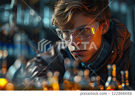 student conducting a science experiment with test tubes and lab equipment student conducting a science experiment with test tubes and lab equipment 122866088