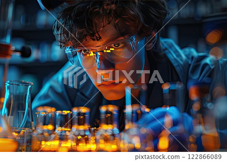 student conducting a science experiment with test tubes and lab equipment 122866089