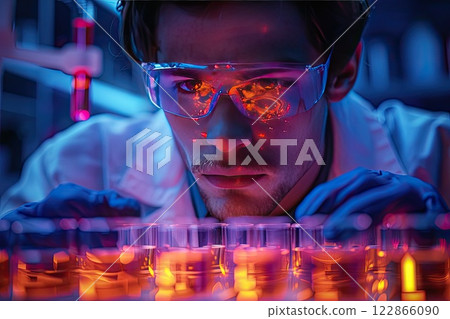 student conducting a science experiment with test tubes and lab equipment 122866090