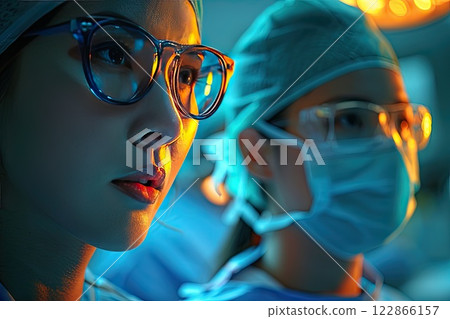 team of doctors and nurses conducting rounds in a hospital ward 122866157
