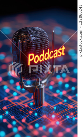 Podcast microphone illuminated in vibrant orange lights on digital background 122866243