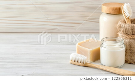Eco-friendly cosmetics set showcases sustainability with natural materials and a minimalist design, Earth Day concept 122866311