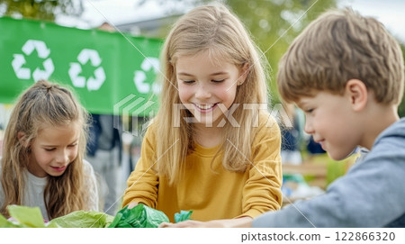 Children happily learn proper waste sorting techniques during an engaging eco-festival activity 122866320