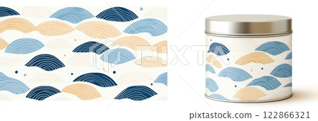 Delicate waves and nature-inspired motifs in blue and beige adorn a stylish tea tin with cultural elegance 122866321