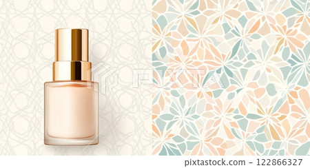 Luxurious perfume packaging showcases an intricate Arabic geometric pattern in soft hues 122866327
