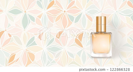 Elegant Arabic geometric patterns in pastel and gold adorn stylish perfume packaging, exuding luxury 122866328