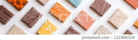 Vibrant African patterns adorn kraft paper packaging for artisanal chocolate, enhancing its style 122866329