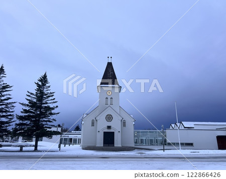 small church in the snow in Keflavik, Iceland small church in the snow in Keflavik, Iceland 122866426