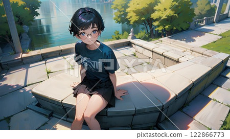 一個戴眼鏡的女孩坐在公園的水邊 一個戴眼鏡的女孩坐在公園的水邊 122866773