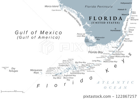 Florida Keys, United States, gray political map. Coral cay archipelago off southern coast of Florida Peninsula, extend in an arc to the westernmost of the inhabited islands Key West, to Dry Tortugas. 122867257
