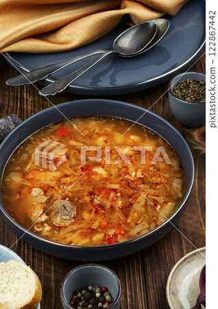 Traditional food borsch. Traditional food borsch. 122867442