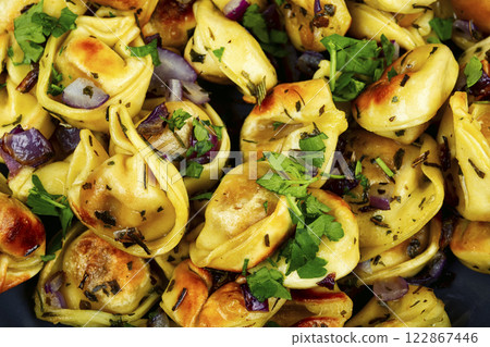 Food background of vegan dumplings. Food background of vegan dumplings. 122867446