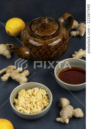 Herbal tea with spices and ginger. 122867448