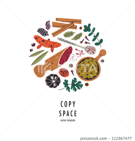 Square composition with spices and copy space, greeting card, web banner, or poster. Vector illustrations of herbs, turmeric, cinnamon, saffron, bay leaf, pepper, nutmeg, wooden spatulas and spoons 122867477
