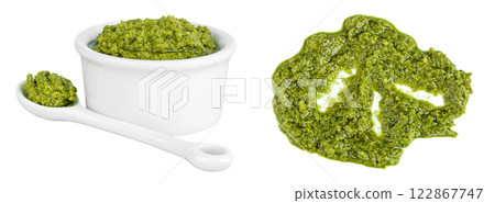 Pesto sauce in ceramic bowl isolated on white background 122867747