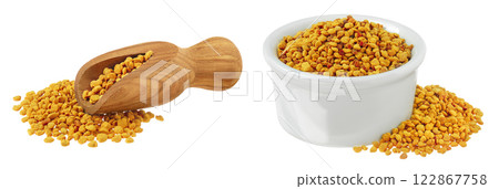 Bee pollen grains in wooden scoop and ceramic bowl isolated on white background 122867758