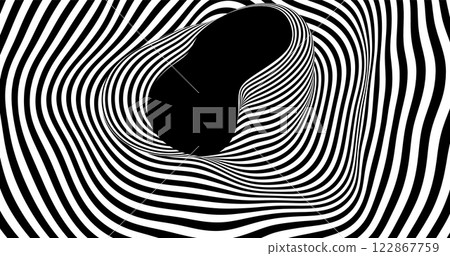 A dynamic black-and-white striped pattern creating a hypnotic optical illusion with wavy, flowing lines. The abstract design adds depth and movement, perfect for modern art, design, or creative A dynamic black-and-white striped pattern creating a hypnotic optical illusion with wavy, flowing lines. The abstract design adds depth and movement, perfect for modern art, design, or creative 122867759