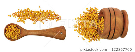 Bee pollen grains in wooden spoon and bowl isolated on white background. Top view. Flat lay Bee pollen grains in wooden spoon and bowl isolated on white background. Top view. Flat lay 122867760