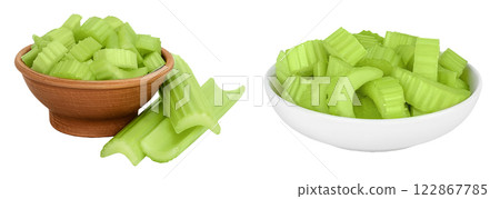fresh celery in ceramic bowl isolated on white background with full depth of field 122867785