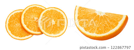Orange fruit slices isolated on white background. Top view. Flat lay. 122867797