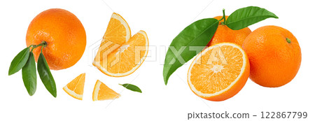Orange fruit with slices isolated on white background. Top view. Flat lay. 122867799