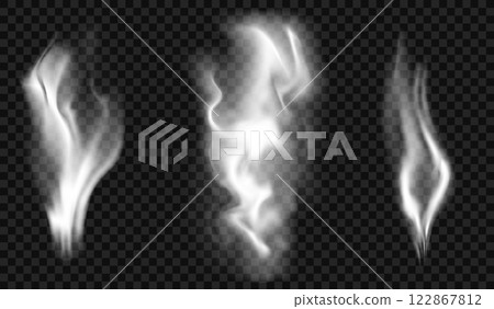Collection of translucent white clouds of smoke on transparent background. Suitable for overlaying on dark backgrounds. Transparency in vector format 122867812
