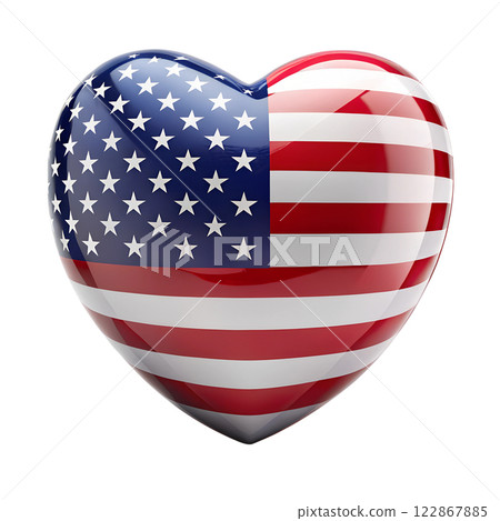 Icon, symbol 3D glossy heart with US flag on transparent background. 122867885
