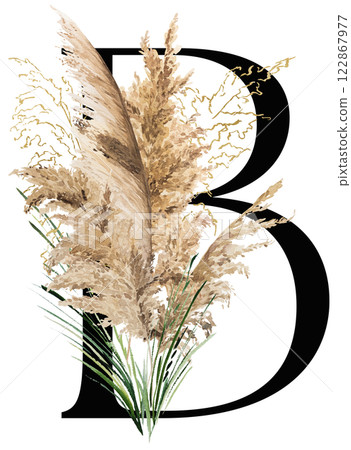 Black letter B with watercolor biege and golden dried pampas grass, tropical wedding illustration 122867977