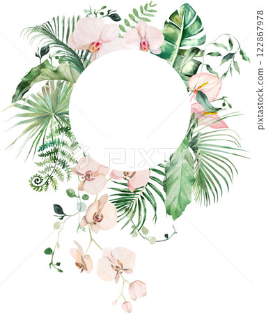 Frame with green watercolor tropical leaves and pink orchid flowers, Wedding isolated illustration 122867978