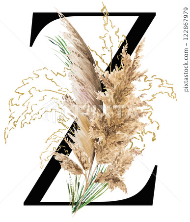 Black letter Z with watercolor biege and golden dried pampas grass, tropical wedding illustration 122867979