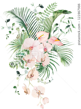 Bouquet with green watercolor tropical leaves and pink orchid flowers, Wedding isolated illustration Bouquet with green watercolor tropical leaves and pink orchid flowers, Wedding isolated illustration 122867986
