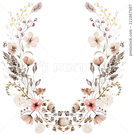 Wreath made with watercolor autumn wild flowers and leaves, Brown and beige wedding illustration 122867987