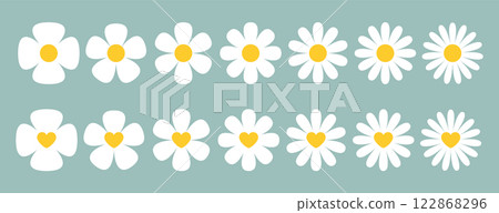 Daisy chamomile flower. Beautiful Collection of Hand-Drawn Daisy Flowers with Yellow Heart Centers on a Soft Pastel Background for Easter and Spring Decorations 122868296