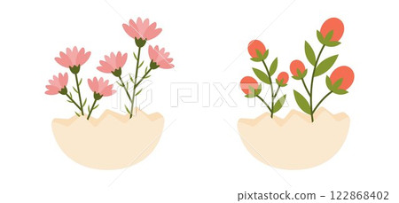 Beautiful Decorative Composition of Blooming Flowers Growing from Cracked Eggshell. Symbolizing Easter, Spring, and the Renewal of Life 122868402
