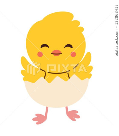 Cute Yellow Baby Chick Hatching from Egg with happy smile. Adorable Easter Illustration. Perfect for Easter, children's products, greeting cards, and festive designs. 122868415
