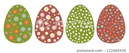 Set of four Easter eggs with floral patterns, decorative spring holiday design with Daisy Chamomile and wildflower ornaments, illustration for greeting cards, prints, and digital use 122868430