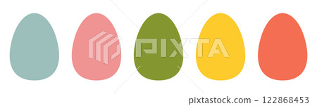 Colorful Easter eggs in pastel shades. Minimalist holiday design with simple egg shapes. Spring celebration and festive decoration concept. Bright and cheerful symbol of Easter traditions. 122868453