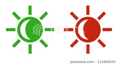 Day and night. Green and red sun icons with the moon. Symbols of brightness and dark mode. Brightness control icons Day and night. Green and red sun icons with the moon. Symbols of brightness and dark mode. Brightness control icons 122868459