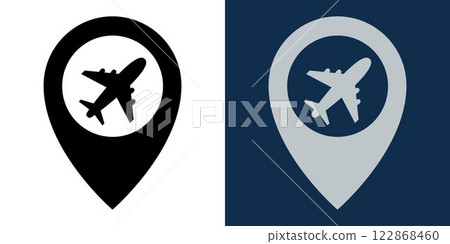 Point location with plane silhouette inside. Pointer of the airport location map. Icon for design of air travel, travelling, navigation or transport. Aviation transport and travel planning. Point location with plane silhouette inside. Pointer of the airport location map. Icon for design of air travel, travelling, navigation or transport. Aviation transport and travel planning. 122868460
