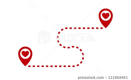 Two red markers with hearts inside, connected by a dashed line. The line curves, connecting the path between the two points. Design for Valentine's Day. 14 February. Love and warmth 122868461