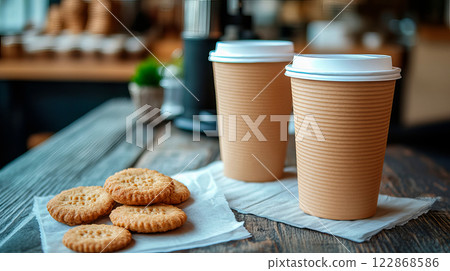 Coffee break at table with paper cups and cookies 122868586