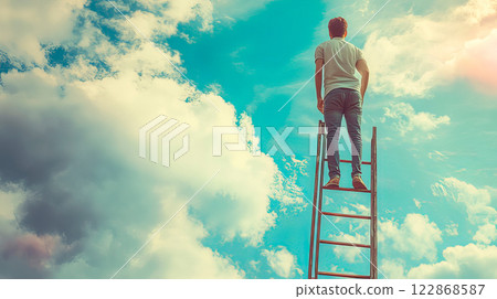 Successfull businessman reaching the top. Man climbing up a ladder 122868587