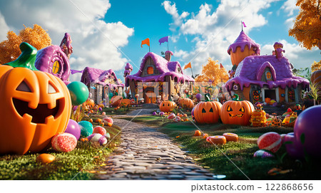 Fairytale Halloween garden with pumpkins and a castle with candies 122868656