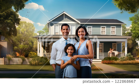 A family stands in front of their new home 122868667