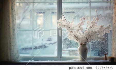 Snow outside the window on a winter day 122868670