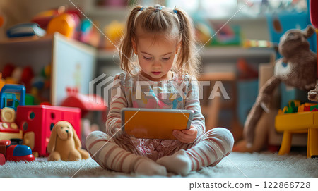 Little girl sitting among toys in room and holding a tablet 122868728