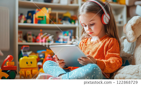 Little girl sitting among toys in room and holding a tablet 122868729